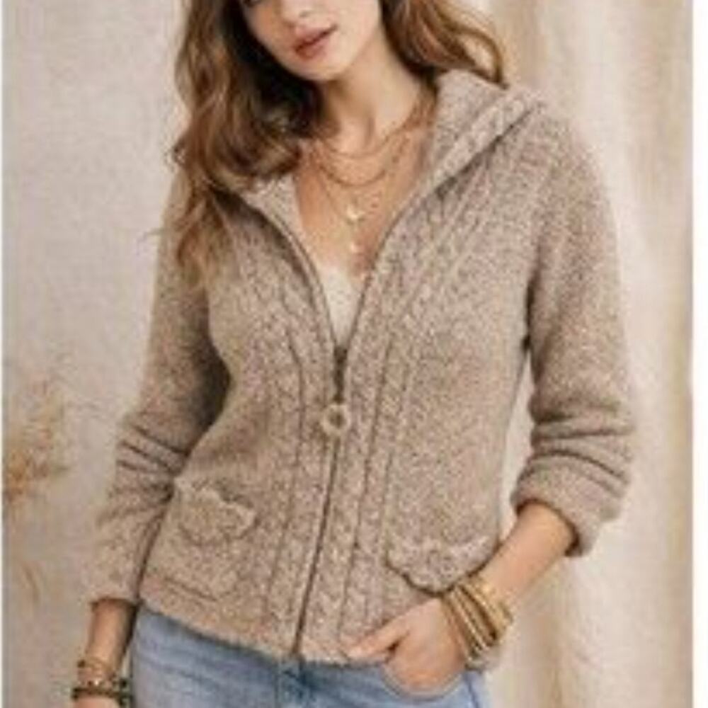 Anthro Sleeping On Snow Crochet Cable Knit Wool Blend Front Zip Hooded Sweater